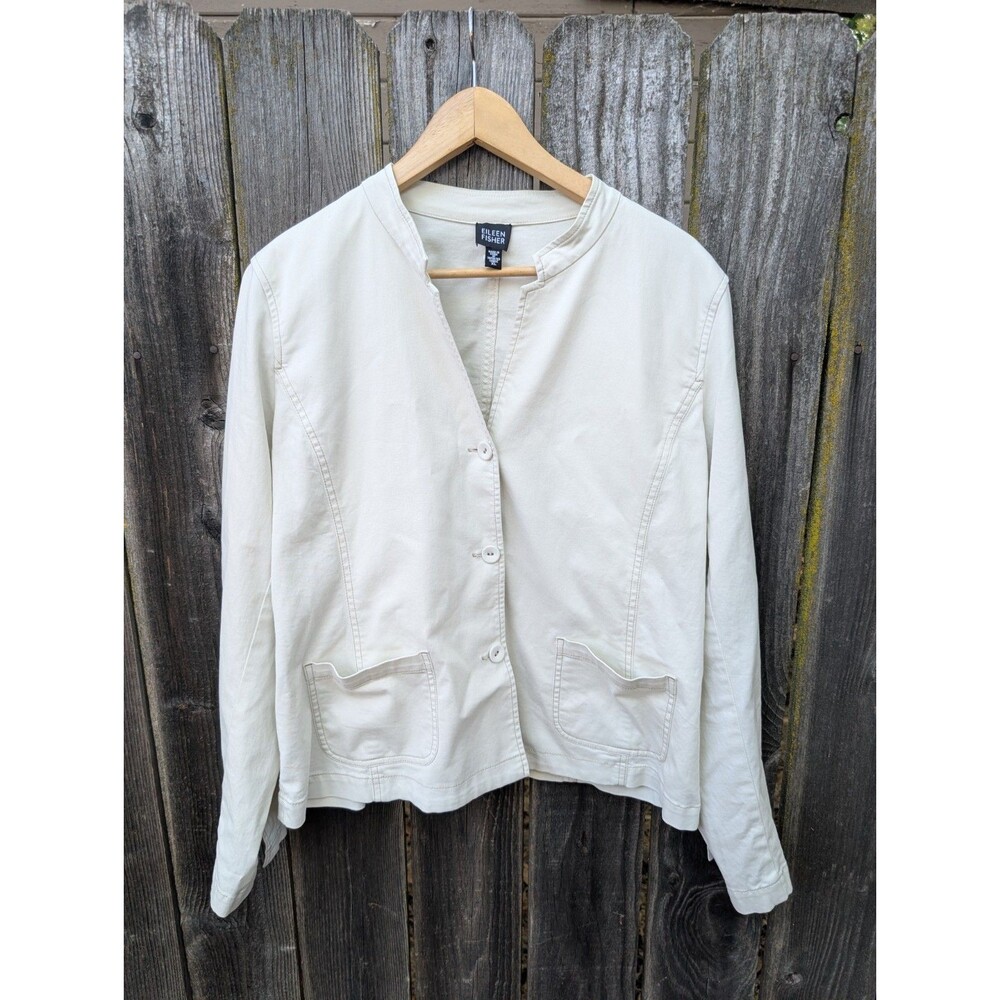 Eileen Fisher Stand Collar Jacket XL Off White Cotton Spandex Stretchy Pockets